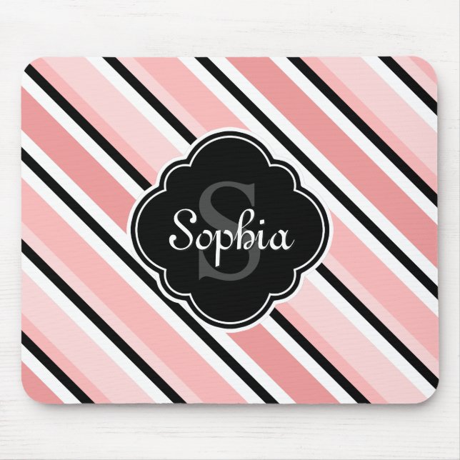 Black and Pink Tilted Stripe Pattern Mouse Mat (Front)