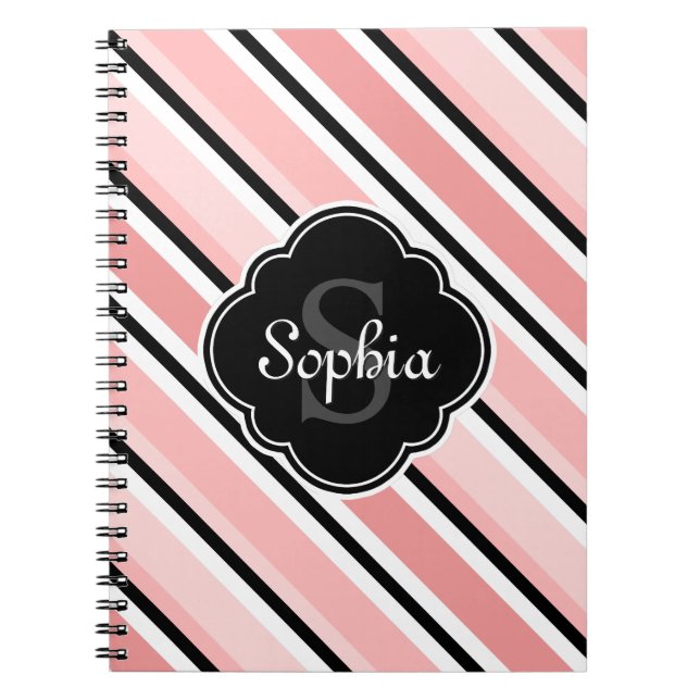 Black and Pink Tilted Stripe Pattern Notebook (Front)
