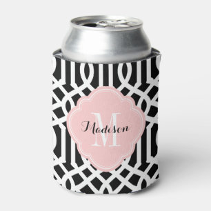 Black and Pink Trellis Monogram Can Cooler