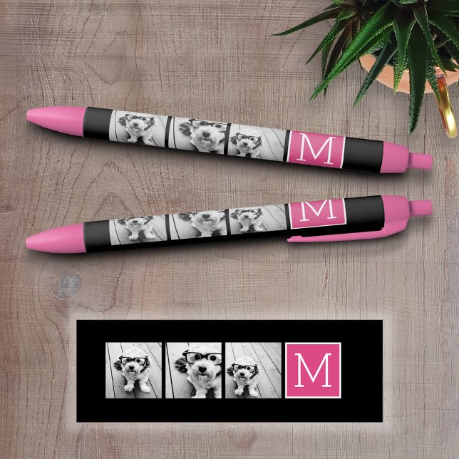 Black and Pink Trendy Photo Collage with Monogram Ink Pen (Custom Pen - Personalize this writing pen with photos, your name, monogram or other text)