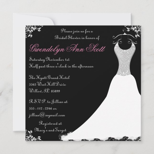 Black and Pink Wedding Gown Bridal Shower Invitation (Front)