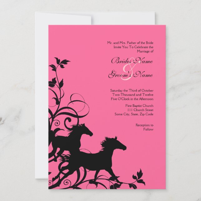 Black and Pink Wild Horses Wedding Invitation (Front)