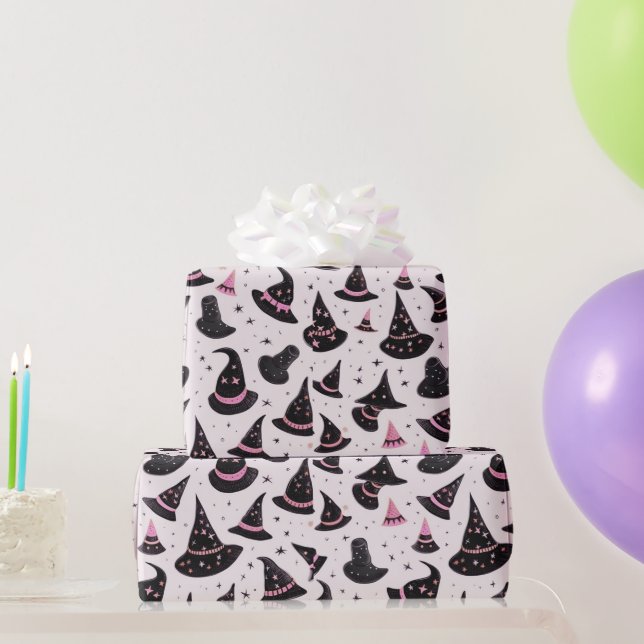 Black and Pink Witch's Hats Stars Pink Halloween Wrapping Paper (Party Gifts)