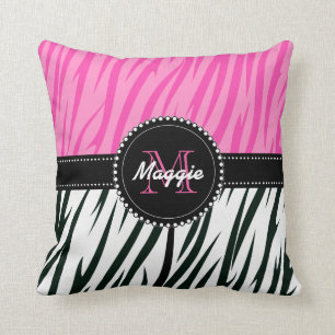 Black and Pink Zebra Print Custom Monogram girly Cushion