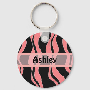 Black and Pink Zebra Stripe Personalised Keychain
