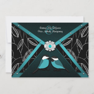Black and Pool Blue Love Birds Wedding Invitations