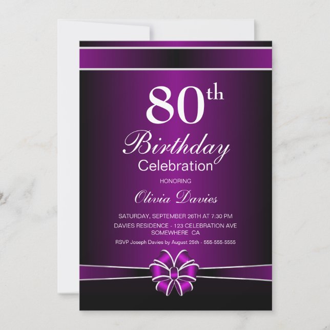 Black and Purple 80th Birthday Celebration Invitation (Front)