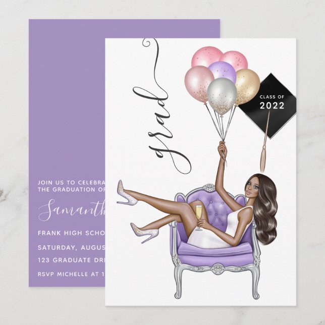 Black and Purple African American Girl Graduation  Invitation (Front/Back)
