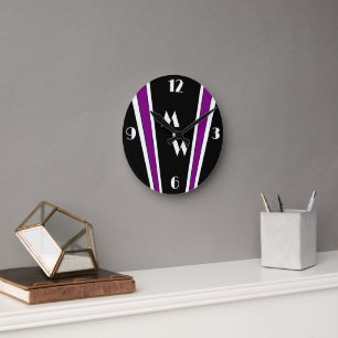 Black And Purple Art Deco Design Monogrammed Round Clock