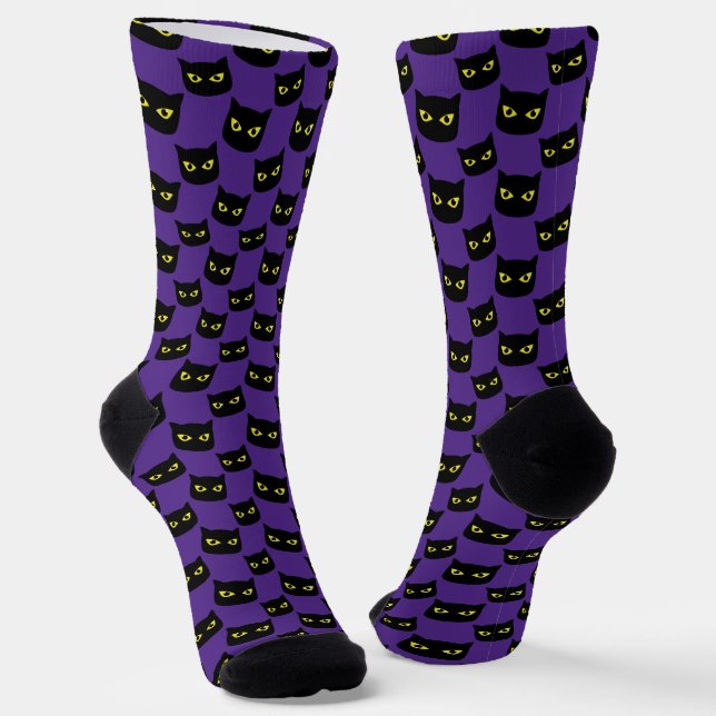 Black and purple cat Halloween pattern Socks (Angled)