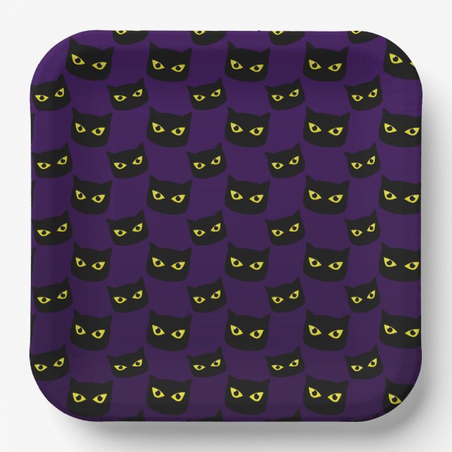 Black and purple cat yellow eyes Halloween pattern Paper Plate (Front)
