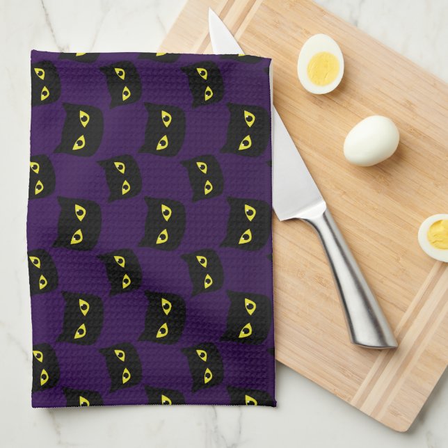 Black and purple cat yellow eyes Halloween pattern Tea Towel (Quarter Fold)