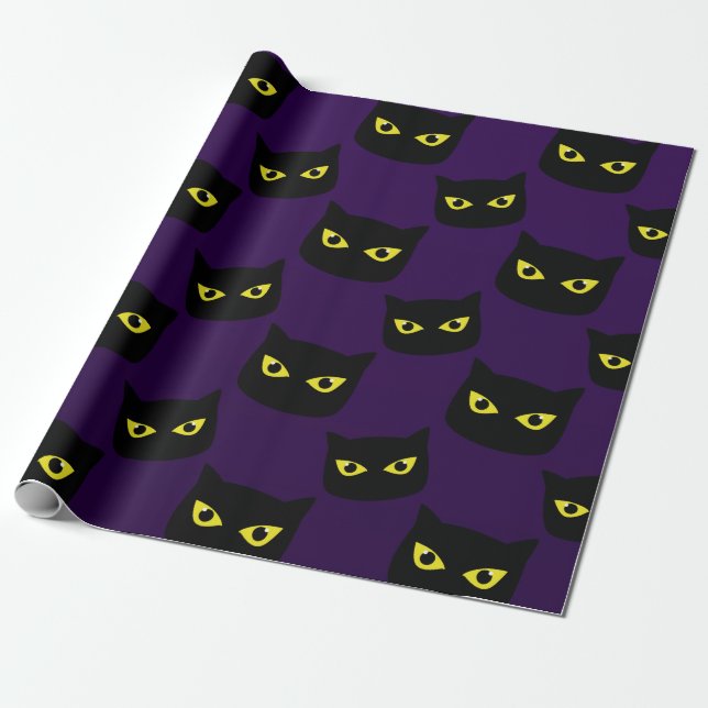 Black and purple cat yellow eyes Halloween pattern Wrapping Paper (Unrolled)