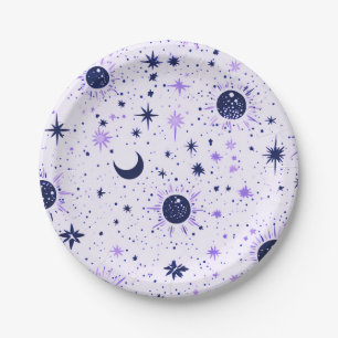 Black and Purple Celestial Sun Moon Stars Paper Plate