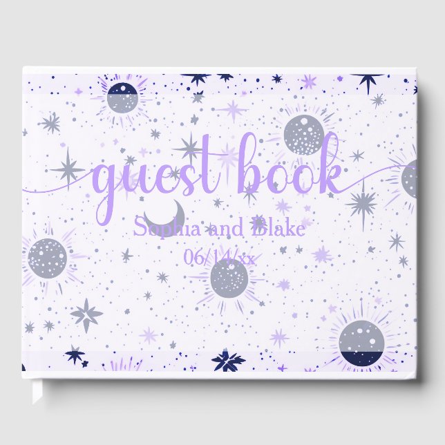 Black and Purple Celestial Sun Moon Stars Wedding Guest Book (Front)
