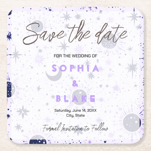 Black and Purple Celestial Wedding Save the Date Square Paper Coaster (Front)