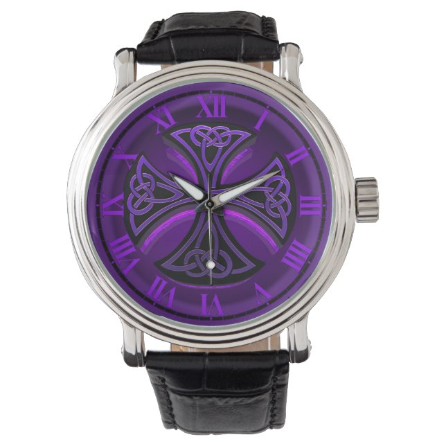 Black and Purple Celtic Cross Wrist Watch (Front)