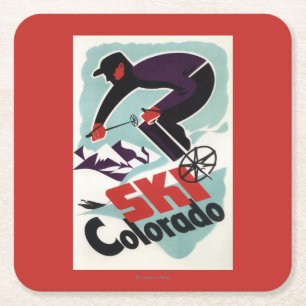 Black and Purple Clothed Skier Square Paper Coaster