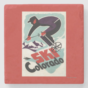 Black and Purple Clothed Skier Stone Coaster