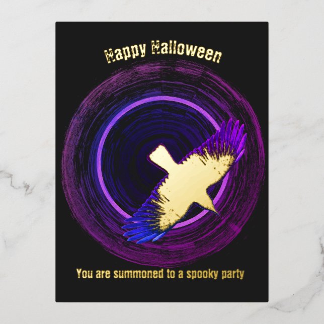Black and Purple Crow Halloween Foil Invitation Postcard (Front)