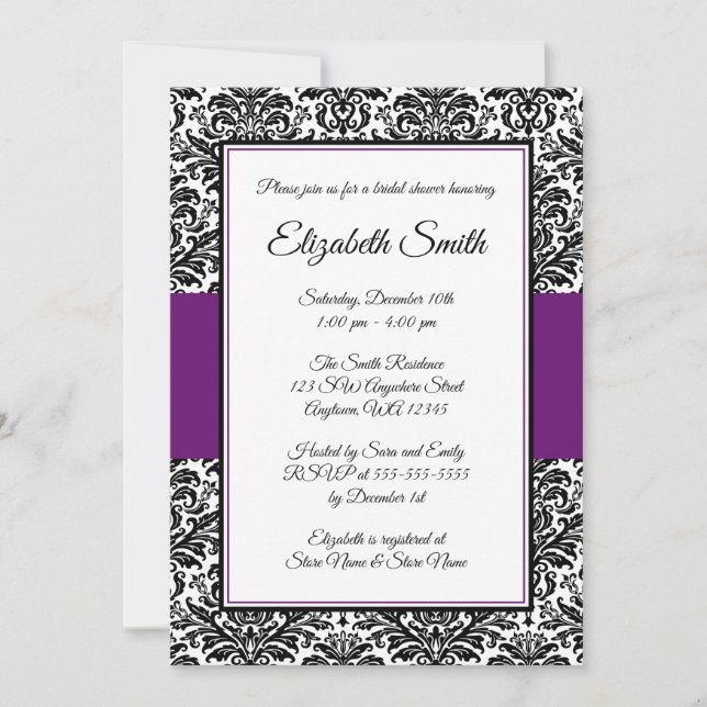 Black and Purple Damask Bridal Shower Invitation (Front)