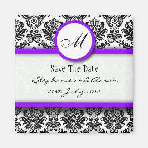 Black and Purple Damask Monogram Save The Date Magnet