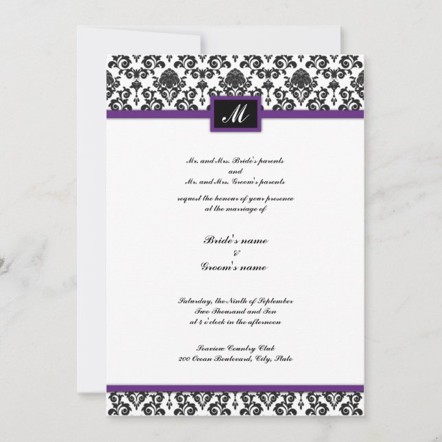 Black and Purple Damask Monogram Wedding Invite (Front)