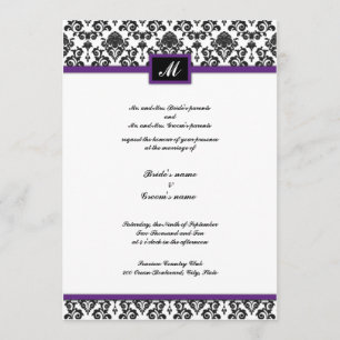 Black and Purple Damask Monogram Wedding Invite