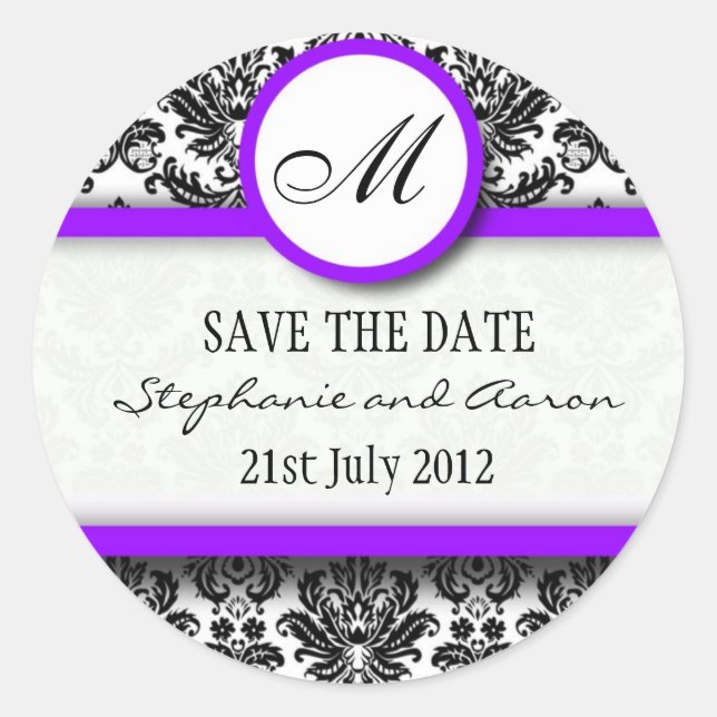 Black and Purple Damask Monogram Wedding Sticker (Front)
