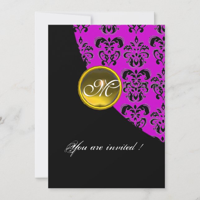BLACK AND PURPLE DAMASK MONOGRAM,yellow topaz Invitation (Front)