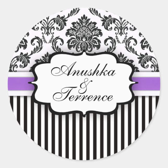 Black and Purple Damask Stripe Wedding Sticker (Front)