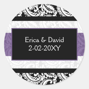Black and Purple Damask Wedding Classic Round Sticker