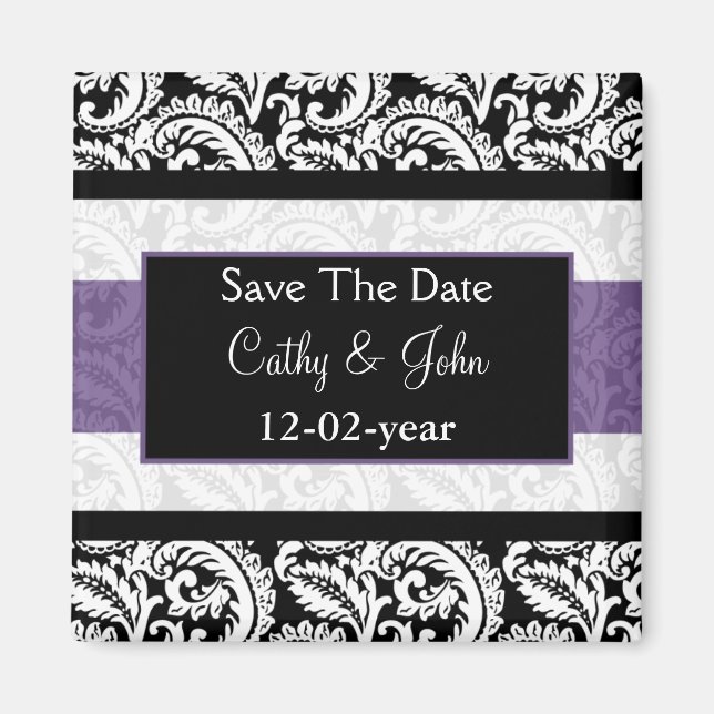 Black and Purple Damask Wedding Magnet (Front)