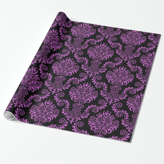 Black and Purple Damask | Wrapping Paper (Unrolled)