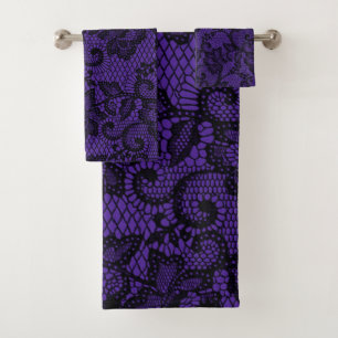 Black And Purple Faux Lace Bath Towel Set