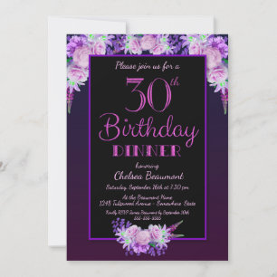 Black and Purple Floral 30th Birthday Dinner Party Invitation