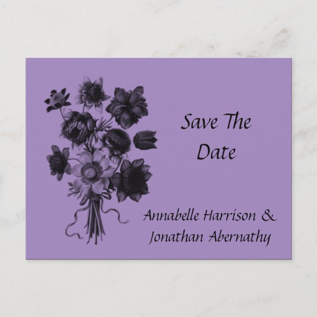 Black and Purple Floral Save The Date Announcement Postcard (Front)