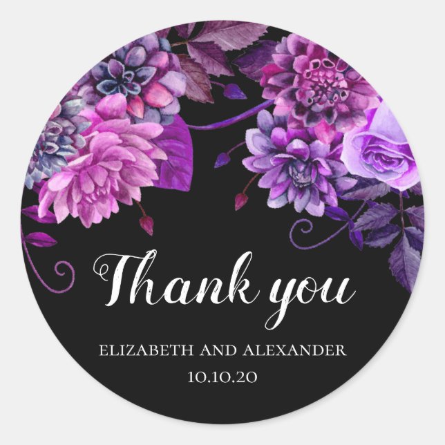 Black and purple floral thank you. Wedding flowers Classic Round Sticker (Front)