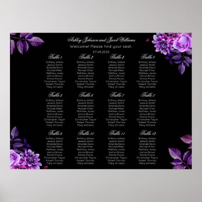Black and purple floral wedding seating chart (Front)