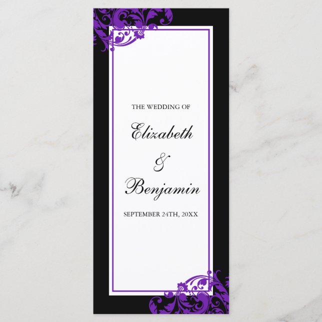 Black and Purple Flourish Swirls Wedding Program Programme (Front)