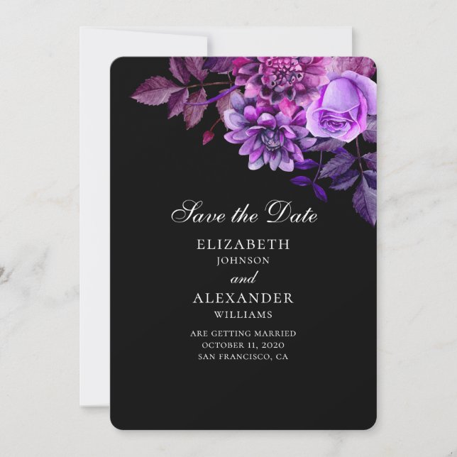 Black and purple flowers. Botanical save the date Invitation (Front)