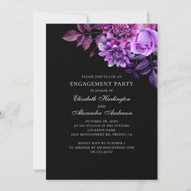 Black and purple flowers. Floral engagement party Invitation (Front)