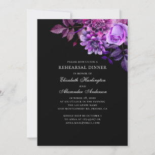 Black and purple flowers. Floral rehearsal dinner Invitation