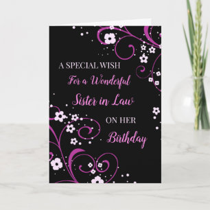 Black and Purple Flowers Sister in Law Birthday Card
