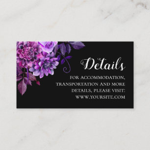 Black and purple flowers wedding details. Info Enclosure Card