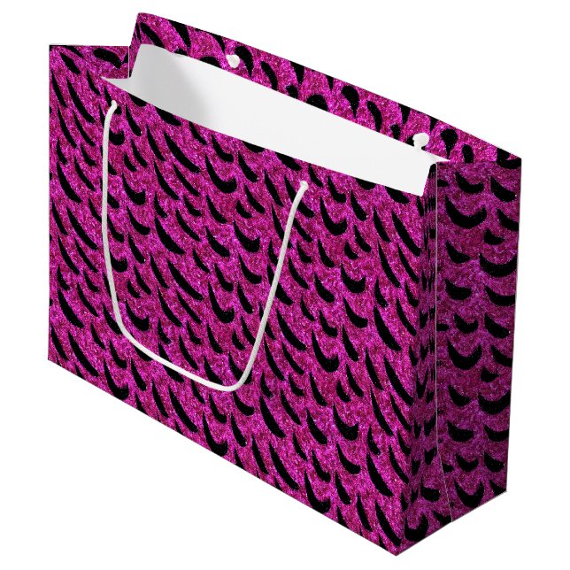 Black and Purple Glitter Animal Print Pattern Large Gift Bag (Front Angled)