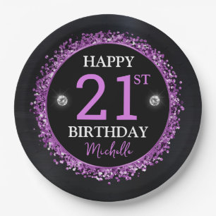 Black and Purple Glitter Confetti Birthday Paper Plate