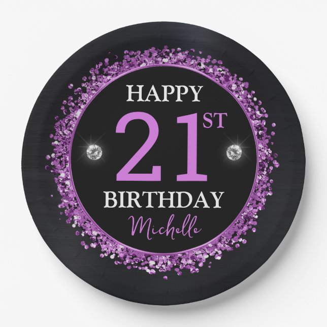 Black and Purple Glitter Confetti Birthday Paper Plate (Front)