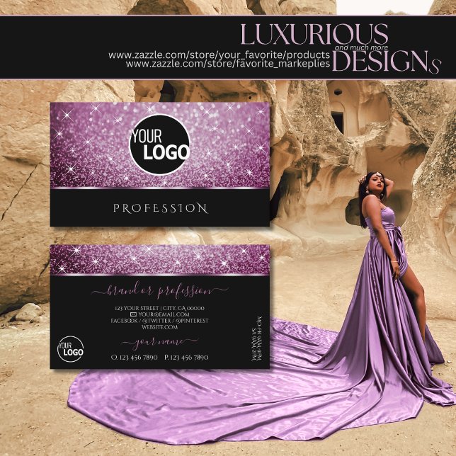 Black and Purple Glitter Luminous Stars add Logo Business Card (Creator Uploaded)