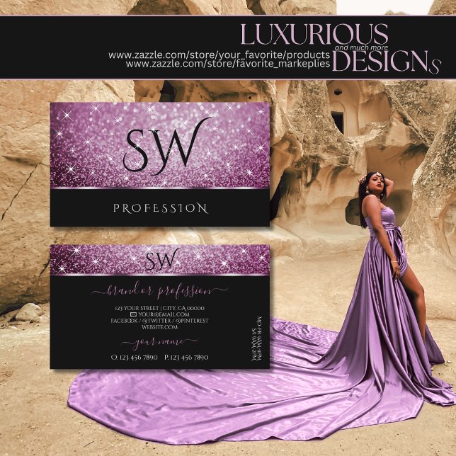 Black and Purple Glitter Luminous Stars Monogram Business Card (Creator Uploaded)